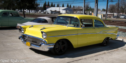 Steve’s Yellow 1957 Two Door Sedan 210 sitting in its parking lot waiting for the next adventure